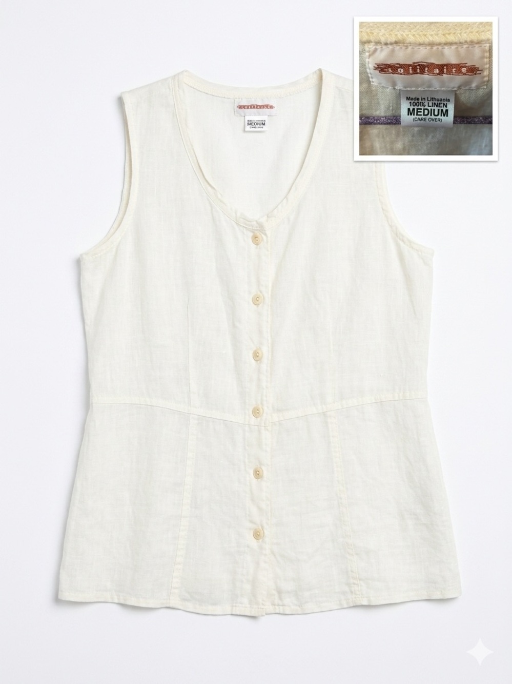 Vintage 90s Solitaire 100% Linen Button Front Vest Top Euro Summer Lagenlook M